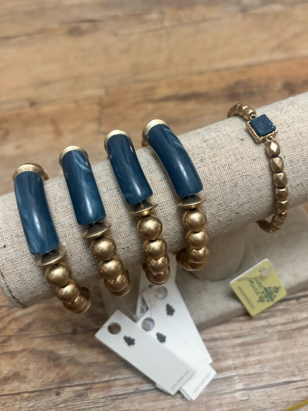Gold Bead Bracelet with Blue Accent - Women's Jewelry Lot of 5 Bracelets